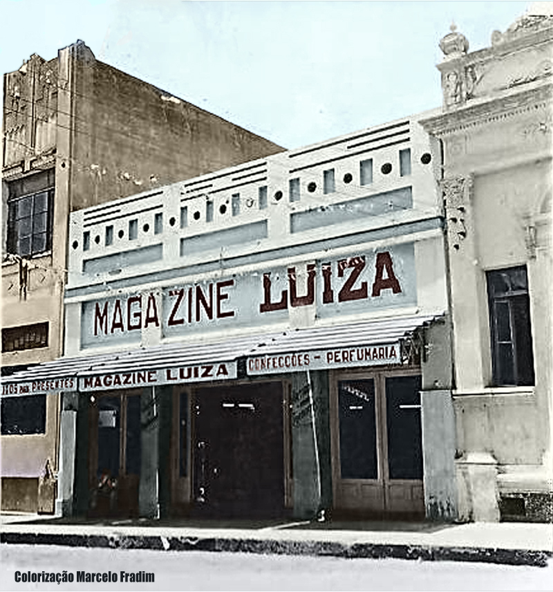 Fachada da primeira loja do Magazine Luiza em Franca, em fotografia histórica colorizada por Marcelo Fradim.